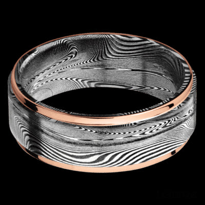 8 mm wide/Flat Grooved Edges/Tightweave band with two 1 mm Edge inlays of 14K Rose Gold.