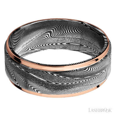 8 mm wide/Flat Grooved Edges/Tightweave band with two 1 mm Edge inlays of 14K Rose Gold.