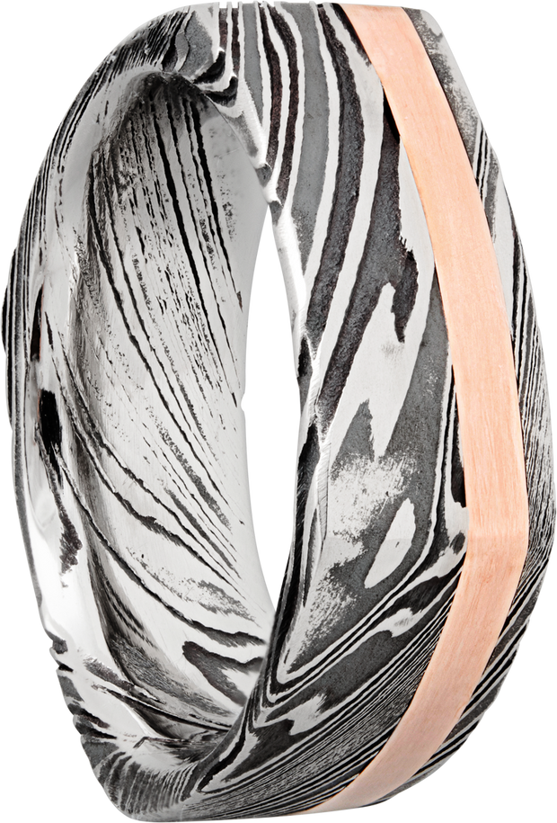 Handmade 8mm woodgrain Damascus steel square band with an inlay of 14K rose gold