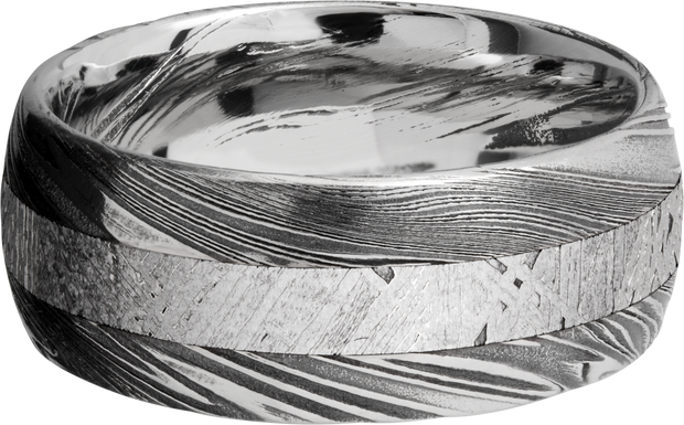 Handmade 9mm Woodgrain Damascus steel band with an inlay of authentic Gibeon Meteorite