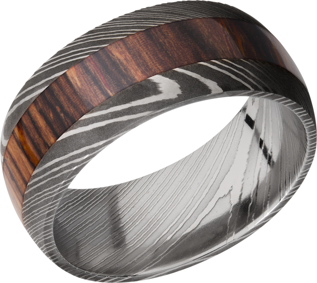 Handmade 9mm Damascus steel band with an inlay of exotic Natcoco hardwood