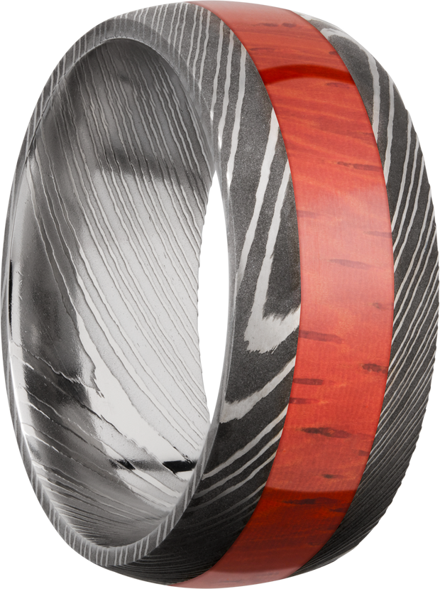 Handmade 9mm Damascus steel band with an inlay of exotic Padauk hardwood