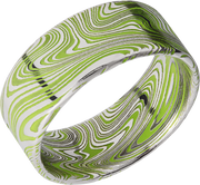 Marble Damascus steel 9mm flat band with slightly rounded edges and Zombie Green Cerakote in the recessed pattern