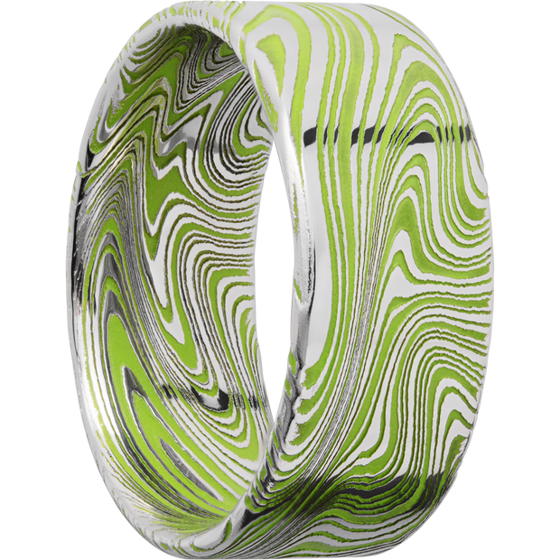 Marble Damascus steel 9mm flat band with slightly rounded edges and Zombie Green Cerakote in the recessed pattern