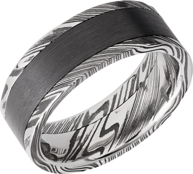 Handmade 8mm  handmade woodgrain Damascus steel flat band with an inlay of black Zirconium