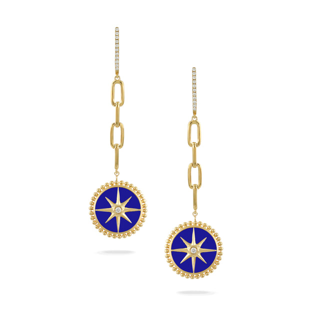 18K YELLOW GOLD DIAMOND EARRING WITH PAPER CLIP CHAIN AND LAPIS