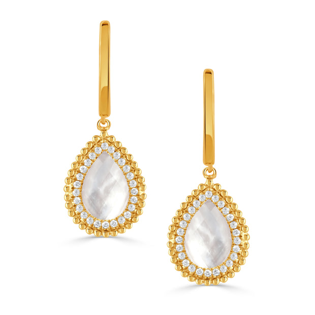 E11083WMP-18K YELLOW GOLD DIAMOND EARRING WITH CLEAR QUARTZ OVER WHITE MOTHER OF PEARL