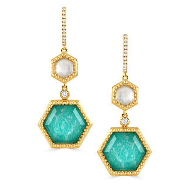E11119AZMP-18K YELLOW GOLD DIAMOND EARRING WITH CLEAR QUARTZ OVER WHITE MOTHER OF PEARL TOP AND WITH CLEAR QUARTZ OVER AMAZONITE BOTTOM