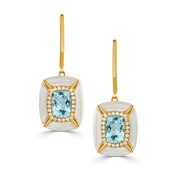 E11625WMPBT-18K YELLOW GOLD DIAMOND EARRING WITH WHITE MOTHER OF PEARL BORDERS AND SKY BLUE TOPAZ CENTER STONE
