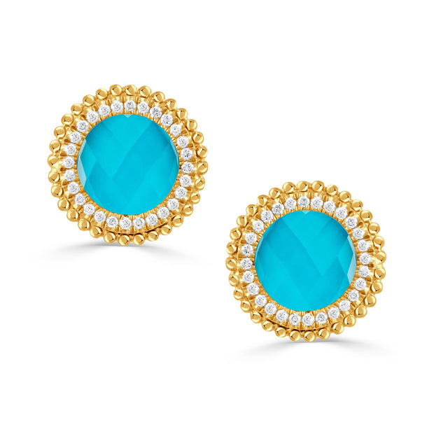 E11662TQ-Y-18K YELLOW GOLD DIAMOND EARRING WITH CLEAR QUARTZ OVER TURQUOISE