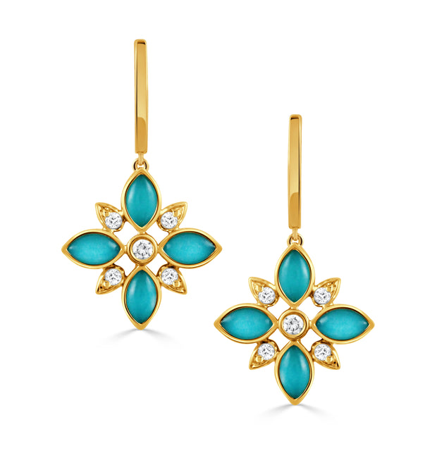 E11665TQ-Y-18K YELLOW GOLD DIAMOND EARRING WITH CABOCHON CUT CLEAR QUARTZ OVER TURQUOISE