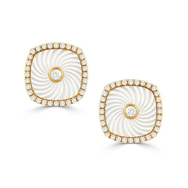 E11972WMP-B-18K YELLOW GOLD DIAMOND EARRING WITH CARVED WHITE MOTHER OF PEARL