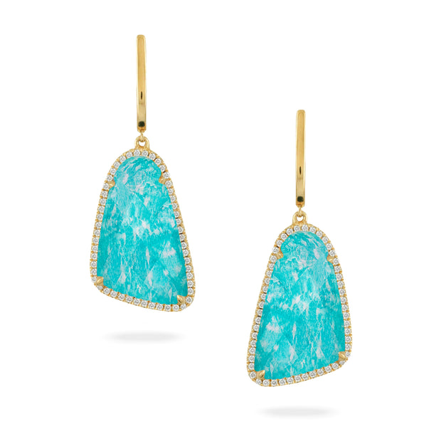 18K YELLOW GOLD DIAMOND EARRING WITH CLEAR QUARTZ OVER AMAZONITE