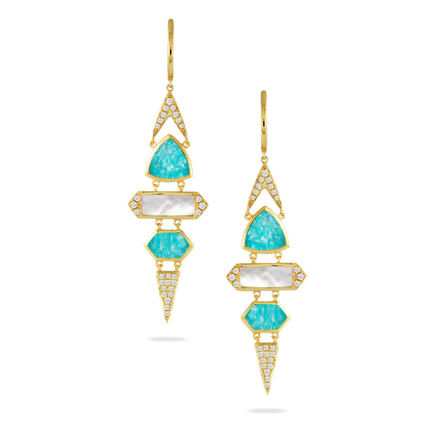 18K YELLOW GOLD DIAMOND EARRING WITH CLEAR QUARTZ OVER WHITE MOTHER OF PEARL MIDDLE AND CLEAR QUARTZ OVER AMAZONITE TOP AND BOTTOM