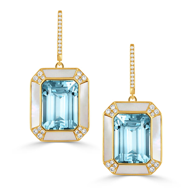 E8897WMPBT-18K YELLOW GOLD DIAMOND EARRING WITH WHITE MOTHER OF PEARL BORDERS AND LIGHT BLUE TOPAZ CENTER