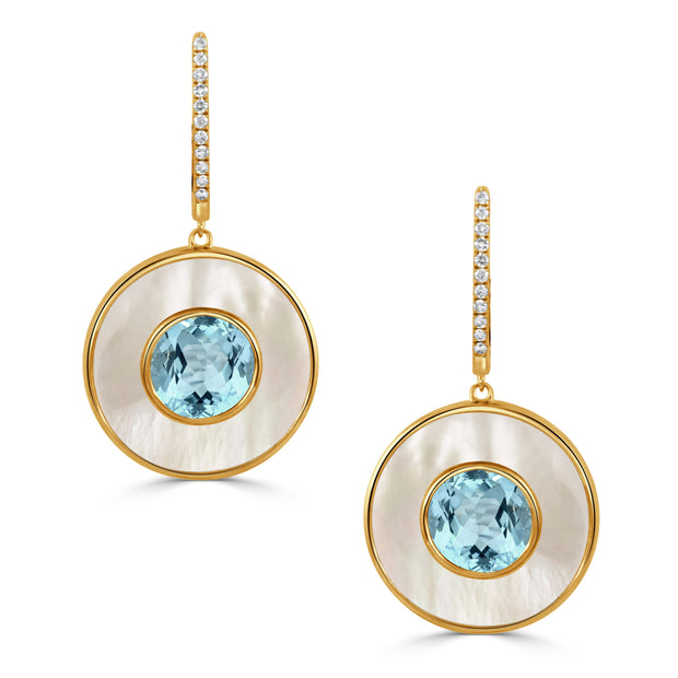 18K YELLOW GOLD DIAMOND EARRING WITH WHITE MOTHER OF PEARL AND SKY BLUE TOPAZ CENTER