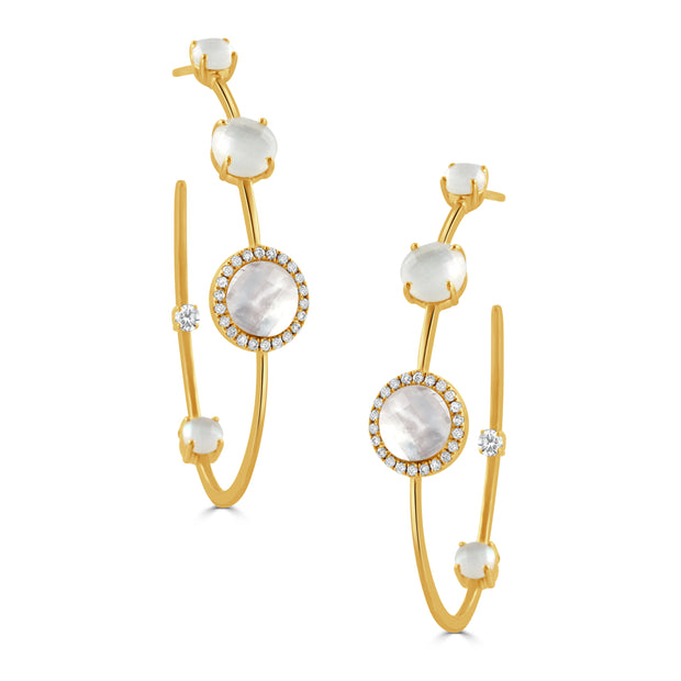 E9955WMP-18K YELLOW GOLD DIAMOND EARRING WITH CLEAR QUARTZ OVER WHITE MOTHER OF PEARL