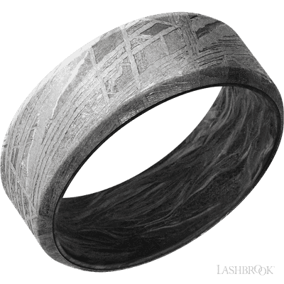 8 mm wide Beveled Meteorite band featuring a Forged Carbon Fiber sleeve.