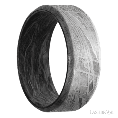 8 mm wide Beveled Meteorite band featuring a Forged Carbon Fiber sleeve.