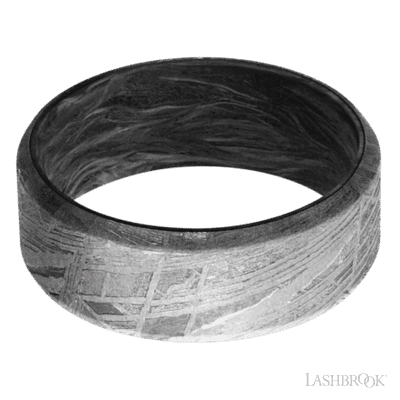 8 mm wide Beveled Meteorite band featuring a Forged Carbon Fiber sleeve.