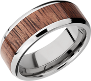 Titanium 8mm beveled band with an inlay of Koa hardwood