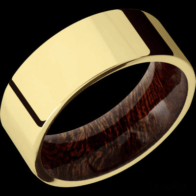 8 mm wide Flat 14K Yellow Gold band featuring a Sapele sleeve.