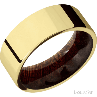 8 mm wide Flat 14K Yellow Gold band featuring a Sapele sleeve.