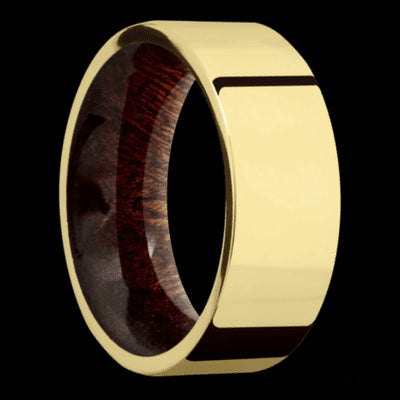 8 mm wide Flat 14K Yellow Gold band featuring a Sapele sleeve.