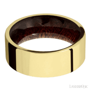 8 mm wide Flat 14K Yellow Gold band featuring a Sapele sleeve.
