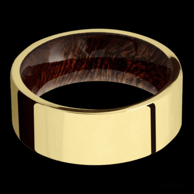 8 mm wide Flat 14K Yellow Gold band featuring a Sapele sleeve.