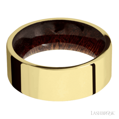 8 mm wide Flat 14K Yellow Gold band featuring a Sapele sleeve.