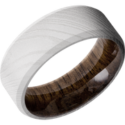 Damascus steel 8mm beveled band with a sleeve of Walnut hardwood