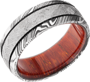 Handmade 8mm Damascus steel domed band with an inlay of authentic Gibeon meteorite and a hardwood sleeve of Padauk