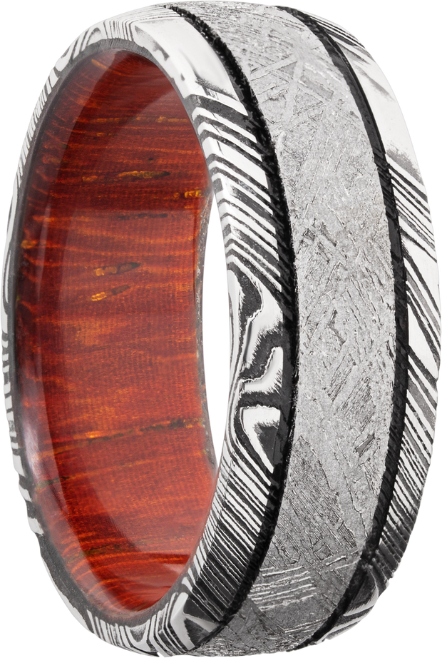 Handmade 8mm Damascus steel domed band with an inlay of authentic Gibeon meteorite and a hardwood sleeve of Padauk