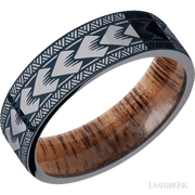7 mm wide/Flat/Tantalum band with a laser carved Maori pattern also featuring a Koa sleeve.
