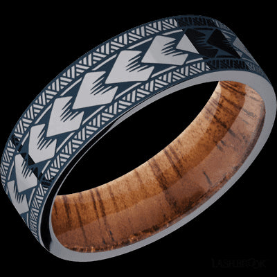 7 mm wide/Flat/Tantalum band with a laser carved Maori pattern also featuring a Koa sleeve.