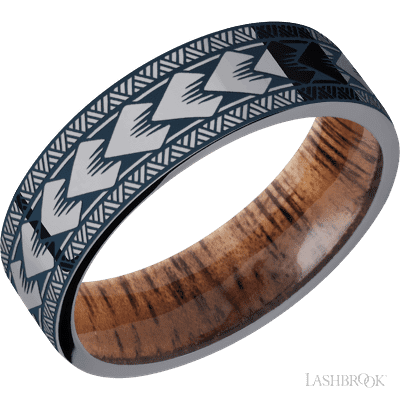 7 mm wide/Flat/Tantalum band with a laser carved Maori pattern also featuring a Koa sleeve.