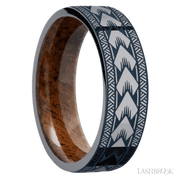 7 mm wide/Flat/Tantalum band with a laser carved Maori pattern also featuring a Koa sleeve.