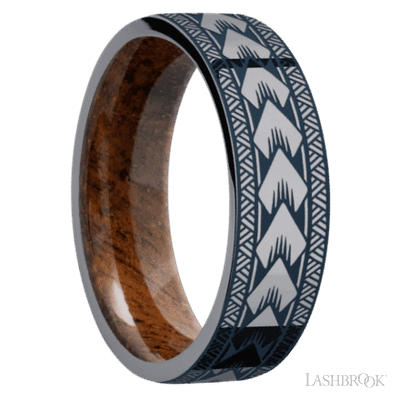 7 mm wide/Flat/Tantalum band with a laser carved Maori pattern also featuring a Koa sleeve.