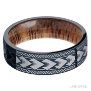 7 mm wide/Flat/Tantalum band with a laser carved Maori pattern also featuring a Koa sleeve.