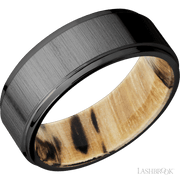 8 mm wide Flat Grooved Edges Zirconium band featuring a Spalted Tamarind sleeve.