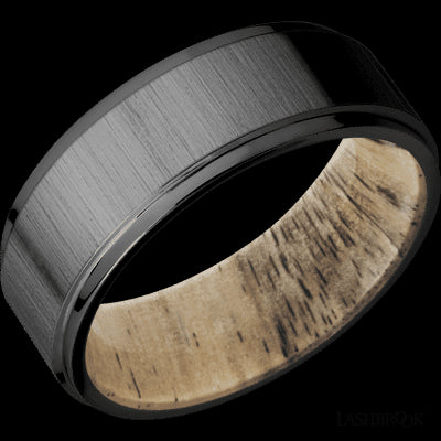 8 mm wide Flat Grooved Edges Zirconium band featuring a Spalted Tamarind sleeve.