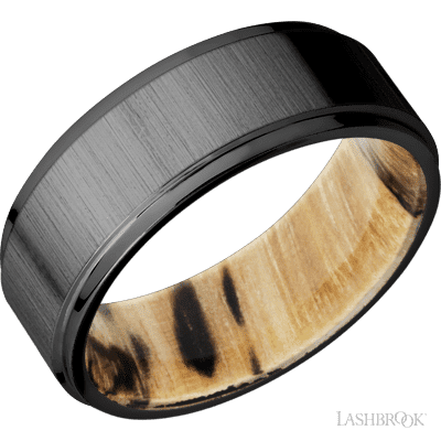 8 mm wide Flat Grooved Edges Zirconium band featuring a Spalted Tamarind sleeve.