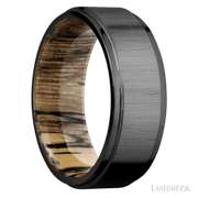 8 mm wide Flat Grooved Edges Zirconium band featuring a Spalted Tamarind sleeve.