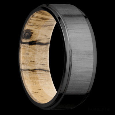 8 mm wide Flat Grooved Edges Zirconium band featuring a Spalted Tamarind sleeve.