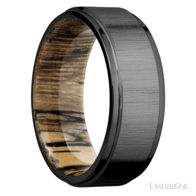 8 mm wide Flat Grooved Edges Zirconium band featuring a Spalted Tamarind sleeve.