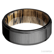 8 mm wide Flat Grooved Edges Zirconium band featuring a Spalted Tamarind sleeve.