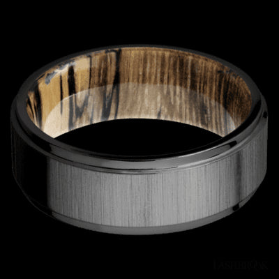 8 mm wide Flat Grooved Edges Zirconium band featuring a Spalted Tamarind sleeve.