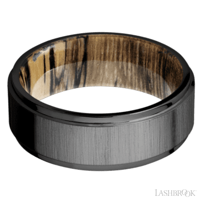 8 mm wide Flat Grooved Edges Zirconium band featuring a Spalted Tamarind sleeve.
