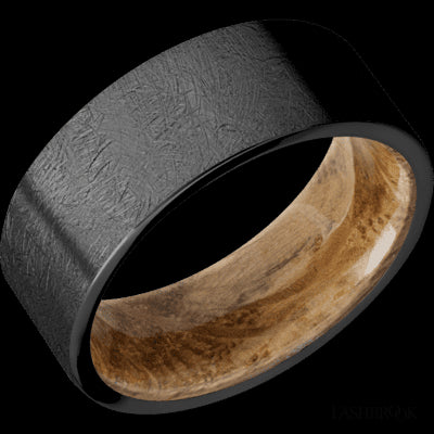 8 mm wide Flat Zirconium band featuring a Whiskey Barrel sleeve.